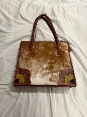 Brown Leather Calf Hair Tote with Sunflower Corner Accents
